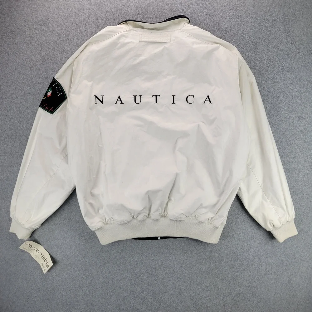 Nautica Yacht Club Reversible Bomber Jacket Mens L White Navy Blue Vintage NWT‎